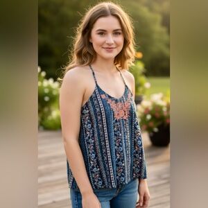 HOLLISTER Navy Coral Strappy Halter‎ Embroidered Floral Summer Top: Size S EUC